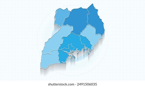 Blue Map of Uganda, Uganda map with borders of the states, country high detailed illustration map.