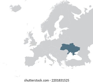 Blue Map of Ukraine within gray map of European continent