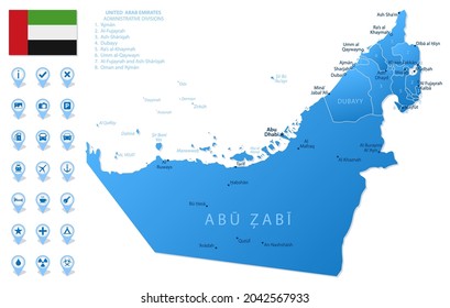 Blue map of United Arab Emirates administrative divisions with travel infographic icons. Vector illustration