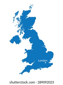 blue map of United Kingdom with the indication of London