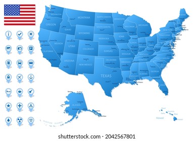 Blue map of United States of America administrative divisions with travel infographic icons. Vector illustration