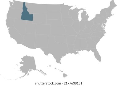 Blue Map of US federal state of Idaho within gray map of United States of America