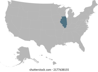 Blue Map of US federal state of Illinois within gray map of United States of America