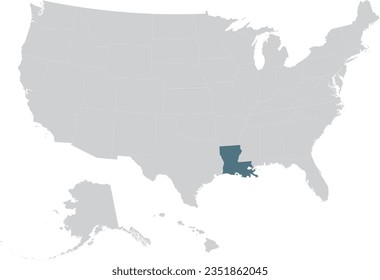 Blue Map of US federal state of Louisiana within gray map of United States of America