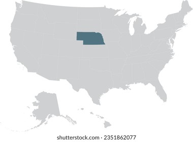 Blue Map of US federal state of Nebraska within gray map of United States of America