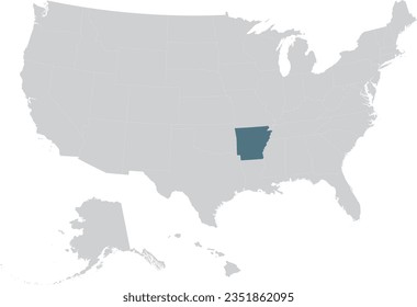 Blue Map of US federal state of Arkansas within gray map of United States of America