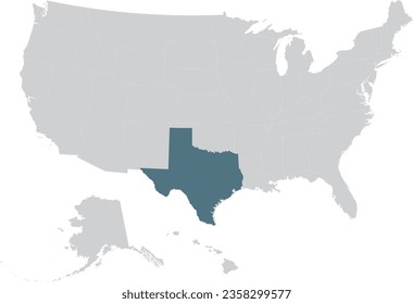 Blue Map of US federal state of Texas within gray map of United States of America