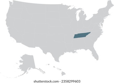 Blue Map of US federal state of Tennessee within gray map of United States of America