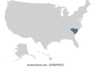 Blue Map of US federal state of South Carolina within gray map of United States of America