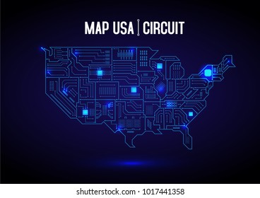 blue map USA circuit board. Vector. illustration.on white background.