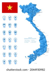 Blue map of Vietnam administrative divisions with travel infographic icons. Vector illustration