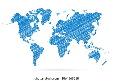 Blue map worldsketch line. Outline worldmap global. Worldwide globe. Continents isolated on white background. Simple flat map world. Drawing continent. Hand drawn silhouette planet. Earth. Vector 