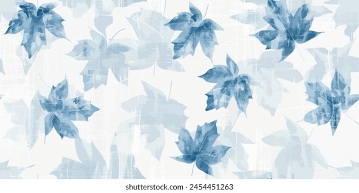 Blue Maple Leaves Watercolor Seamless Pattern. Branch with Leaves Ornamental Texture. Floral Seamless Stroke. Branch Background. 