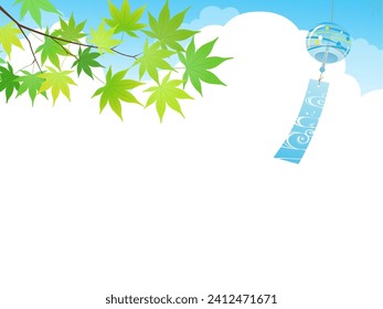 Blue maple leaves, wind chimes, and summer blue sky background frame