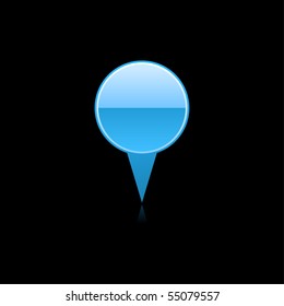 Blue mapping pin web 2.0 internet button. Glassy round shape with color reflection on black background