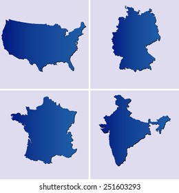 blue maps of usa, france, germany and india on light blue backgrounds
