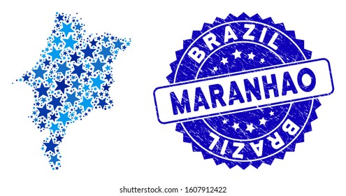 Blue Maranhao State map collage of stars, and grunge rounded stamp. Abstract geographic plan in blue shades. Vector Maranhao State map is done of blue stars.
