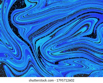 Blue marble abstract background texture. Indigo ocean blue marbling. Fluid painting. Vector illustration