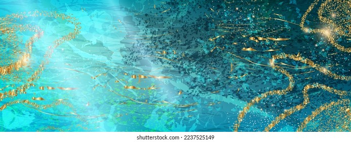 Blue marble background, abstract golden glitter sparks, green nature agate stone banner, indigo navy. Turquoise elegant wallpaper, modern sapphire premium texture. Blue marble aqua wedding card design