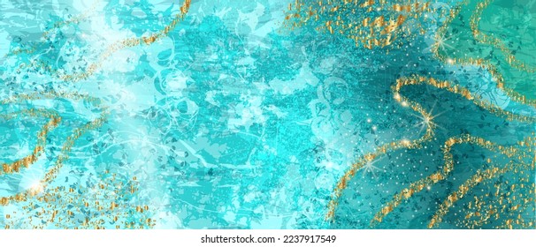 Blue marble background, golden abstract green nature agate stone banner, glitter sparks indigo navy. Turquoise elegant wallpaper, modern sapphire premium texture. Blue marble aqua wedding card design