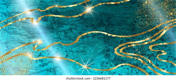 Blue marble background, green nature agate stone banner, abstract golden glitter sparks indigo navy. Turquoise elegant wallpaper, modern sapphire premium texture. Blue marble aqua wedding card design