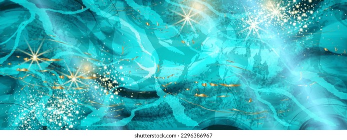 Blauer Marmor-Hintergrund, Vektorgrüne Steinstruktur, abstrakte abstrakte Naturwasserhintergründe. Elegante Meereswelle, türkisfarbener Flüssig-Eisbanner, Meerwasseraqua-Mineraldesign. Goldglitter aus blauem Marmor – Stockvektorgrafik