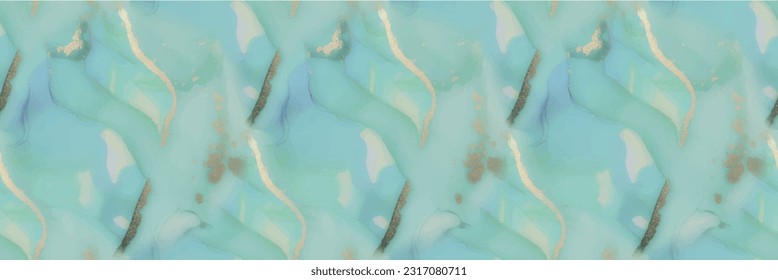 Blue Marble Background. Vector Seamless Pattern. Copper Water Color Watercolor. Golden Alcohol Ink Marble. Marble Gold Vector Ink. Green Oriental Watercolor. Foil Art Paint. Vector Seamless Painting.