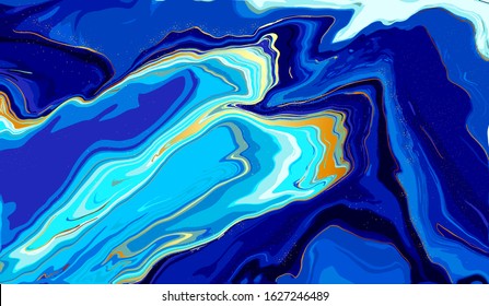 Blue marble and gold abstract background texture. Indigo ocean blue marbling with natural luxury style swirls of marble and gold powder.	