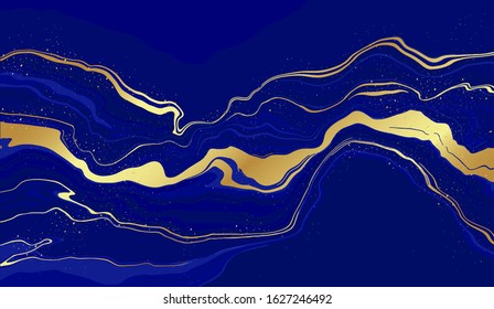 Blue marble and gold abstract background texture. Indigo ocean blue marbling with natural luxury style swirls of marble and gold powder.	