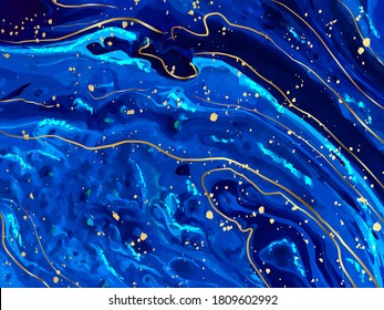 Mármol azul y textura de fondo abstracta de oro. Mármol índigo azul con líneas de mármol de lujo natural y polvo dorado. Ilustración del vector