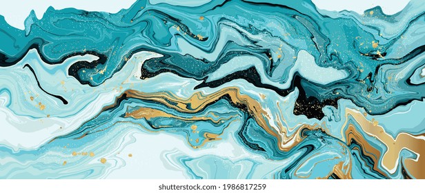 Blue marble and gold abstract background texture.  Indigo ocean blue marbling  with natural luxury style swirls of marble and gold powder.