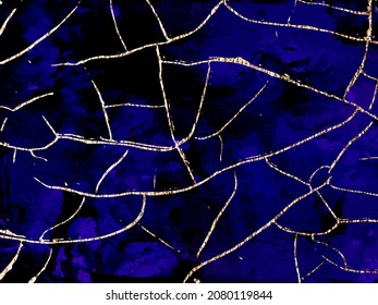 Blue marble and gold abstract background texture. Indigo, blue marbling with natural luxury style lines of marble and gold powder. Vector illustration