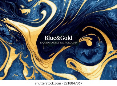 Blue Marble and gold abstract background vector. Marbling wallpaper design with natural luxury style swirls of marble and gold powder, blue grunge watercolor design.