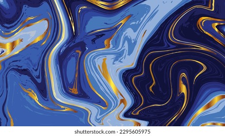 
Blue marble and gold abstract background created through hand-drawn vector illustration. The seamless pattern looks like watercolor marble and works well for trendy textiles, fabrics, and wrapping.