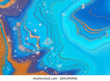 Blue marble with gold stripes and spots. Fluid and splashes are inky. Lustrous marble design. Subtle transitions and lines. Beautiful combination of dark blue, gold and white marble. Vector file.