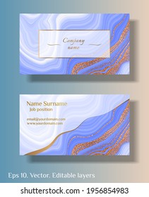 Blue marble with gold. Vector business card template with abstract marble stone background. Natural stone texture.