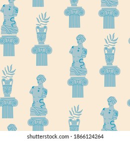 Blue marble statue of Venus, column, amphora, branches. Greek ancient statue with modern Tattoos. Hand drawn trendy Vector illustration. Square repeating Seamless Pattern. Background, wallpaper