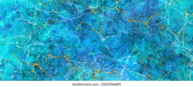 Textura vectorial de mármol azul para fondo artístico con craquelures dorados. Granito. Piedra natural. Fondo acuarela para tarjetas, afiches, diseño de portada. Muro. Plantilla pintada de color claro para el interior de diseño.	