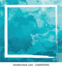 Blue marbled watercolor painting background with a square frame of white paint, ideal for an invitation card