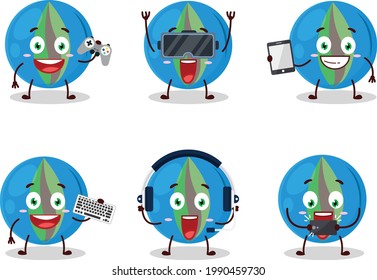 El personaje de dibujos animados de las piedras azules está jugando con varios emoticonos adorables. Ilustración del vector