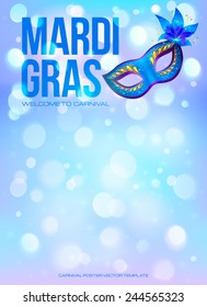 Blue Mardi Gras vector poster template with bokeh effect and carnival mask