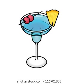 A blue margarita with cherries and a slice of pineapple in a salt rimmed glass.