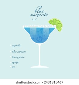 Blue Margarita cocktail isolated on a lemon background. Retro party, Vector illustration, fresh drink menu.
