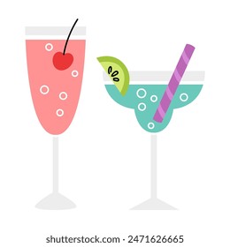 Blue Margarita cocktail. Blue Lagoon drink. Alcoholic cocktail. Sparkling lemonade. Vector cartoon flat illustration.