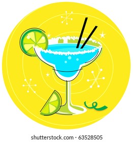 Blue Margarita: Retro cocktail icon on yellow background. Vector Illustration.