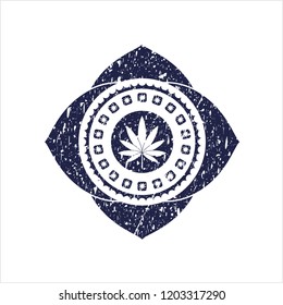 Blue marijuana leaf icon inside distressed rubber stamp with grunge texture