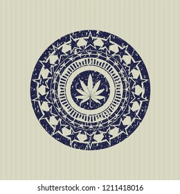 Blue marijuana leaf icon inside rubber grunge stamp