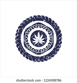 Blue marijuana leaf icon inside distress rubber texture