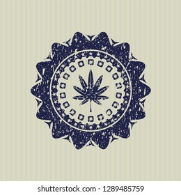 Blue marijuana leaf, weed icon inside rubber grunge texture stamp