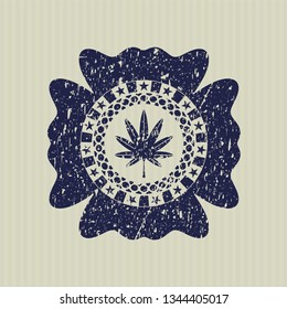 Blue marijuana leaf, weed icon inside distressed grunge seal